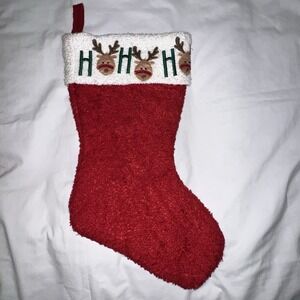 Ho Ho Ho Reindeer Red Curly Fuzzy 18" Textured Christmas Stocking - EUC- Retro